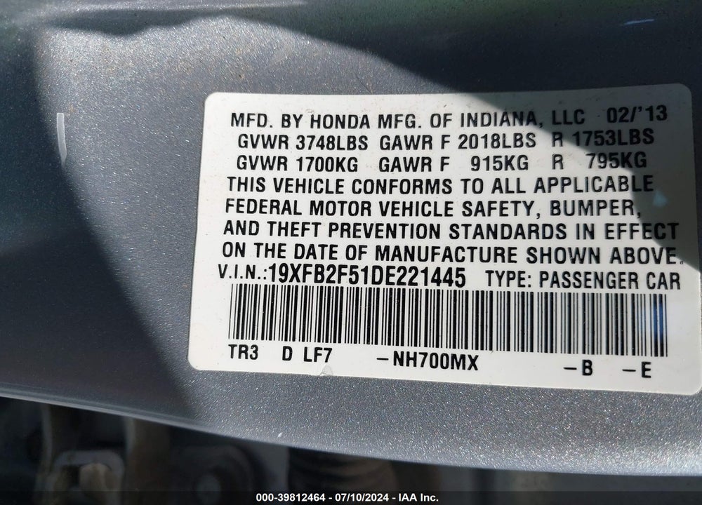 2013 HONDA CIVIC LX VIN: 19XFB2F51DE221445