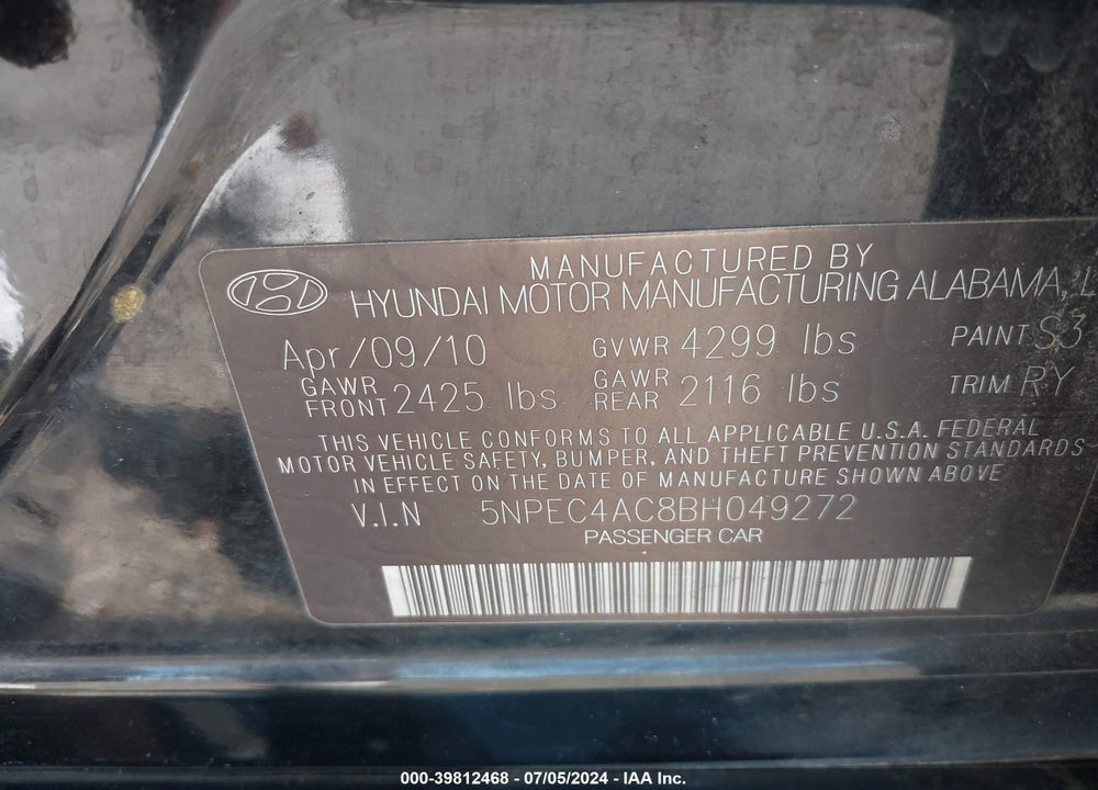 2011 HYUNDAI SONATA SE VIN: 5NPEC4AC8BH049272