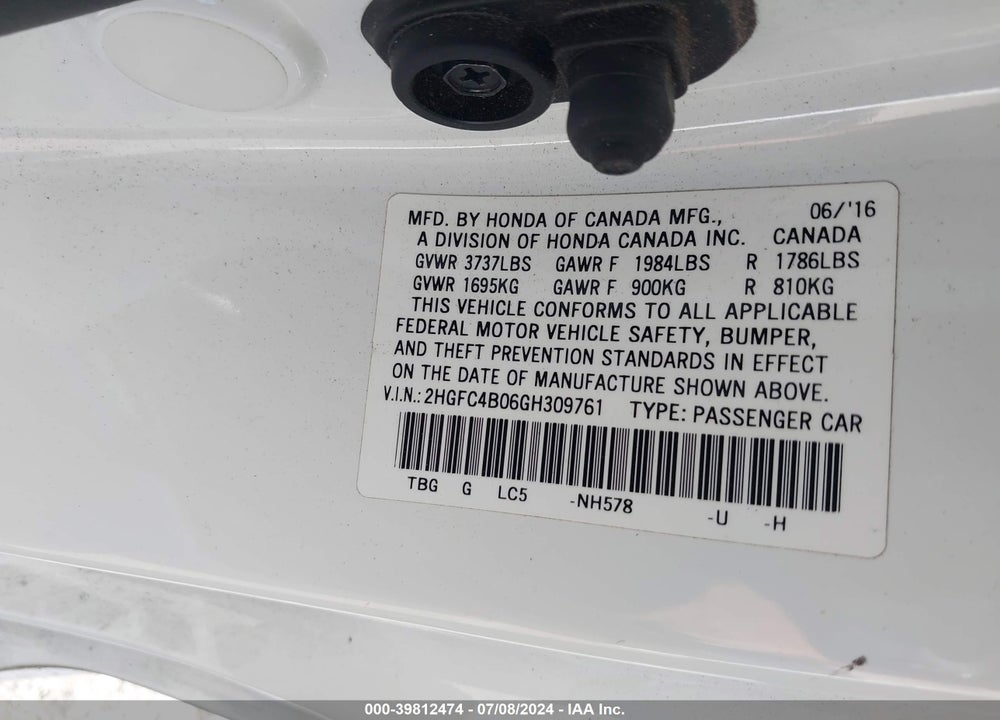 2016 HONDA CIVIC LX-P VIN: 2HGFC4B06GH309761