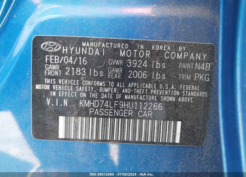 2017 HYUNDAI ELANTRA SE VIN: KMHD74LF9HU112266