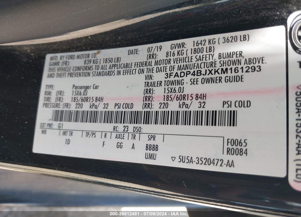 2019 FORD FIESTA SE VIN: 3FADP4BJXKM161293