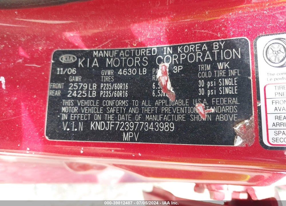 2007 KIA SPORTAGE LX V6 VIN: KNDJF723977343989
