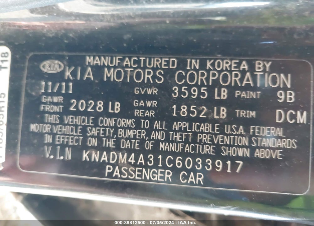 2012 KIA RIO LX VIN: KNADM4A31C6033917