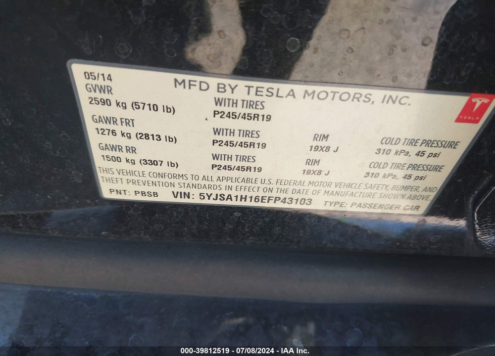 2014 TESLA MODEL S P85 VIN: 5YJSA1H16EFP43103