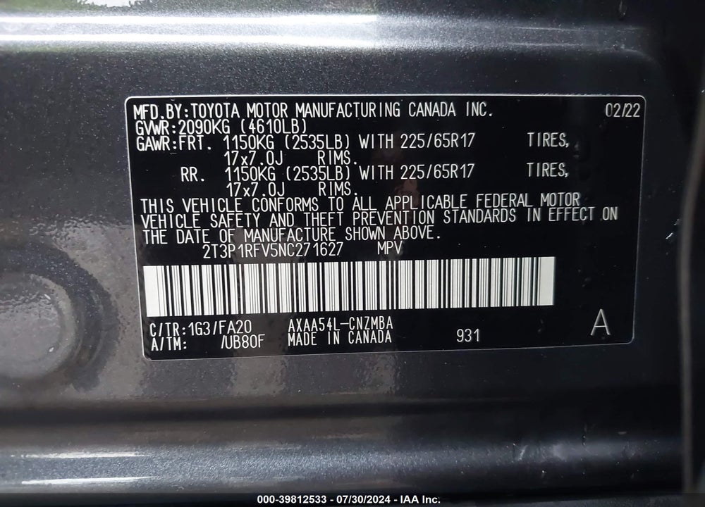 2022 TOYOTA RAV4 XLE VIN: 2T3P1RFV5NC271627