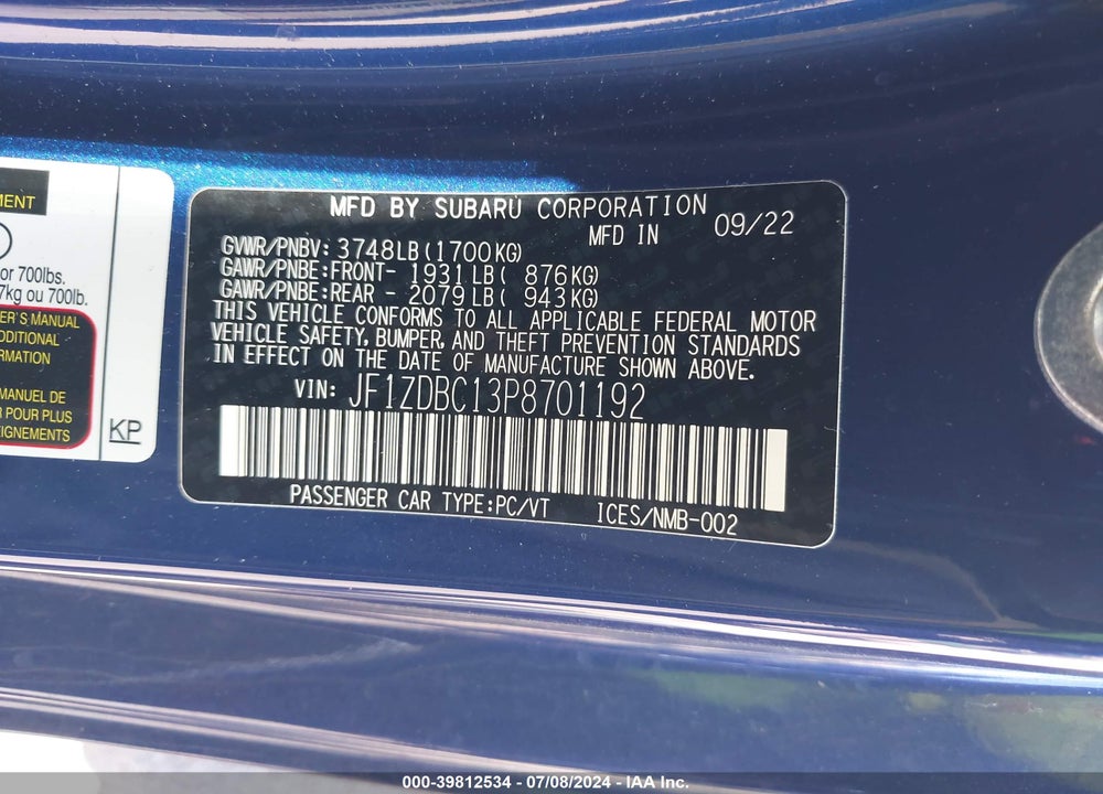 2023 SUBARU BRZ VIN: JF1ZDBC13P8701192