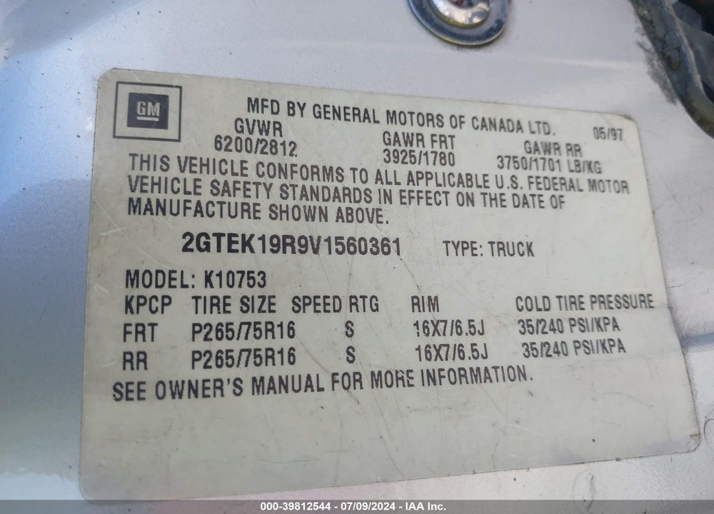 1997 GMC SIERRA 1500 SL WIDESIDE VIN: 2GTEK19R9V1560361