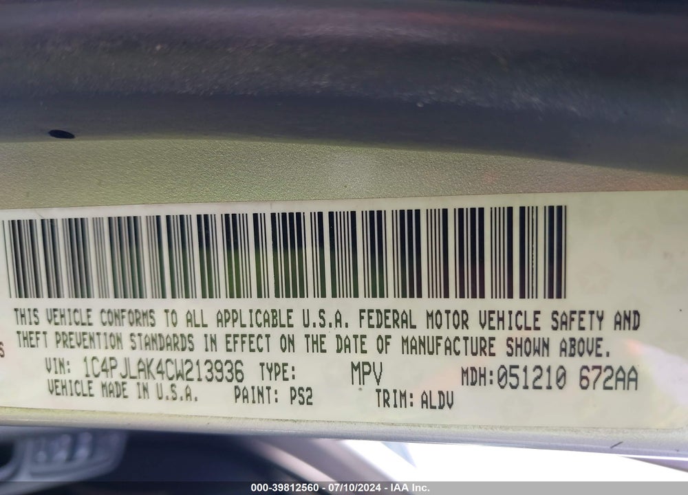 2012 JEEP LIBERTY SPORT VIN: 1C4PJLAK4CW213936