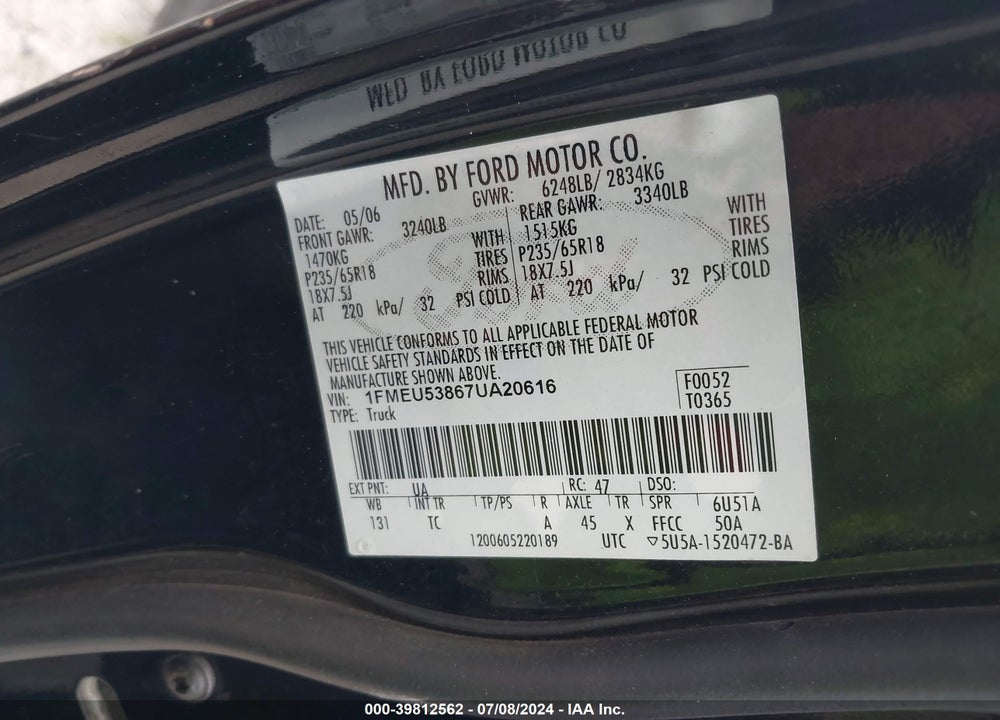2007 FORD EXPLORER SPORT TRAC LIMITED VIN: 1FMEU53867UA20616
