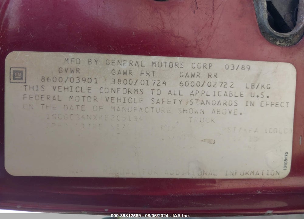 1989 CHEVROLET GMT-400 C3500 VIN: 1GCGC34NXKE205134