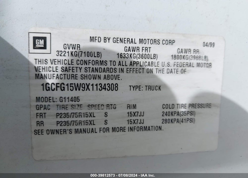 1999 CHEVROLET EXPRESS VIN: 1GCFG15W9X1134308
