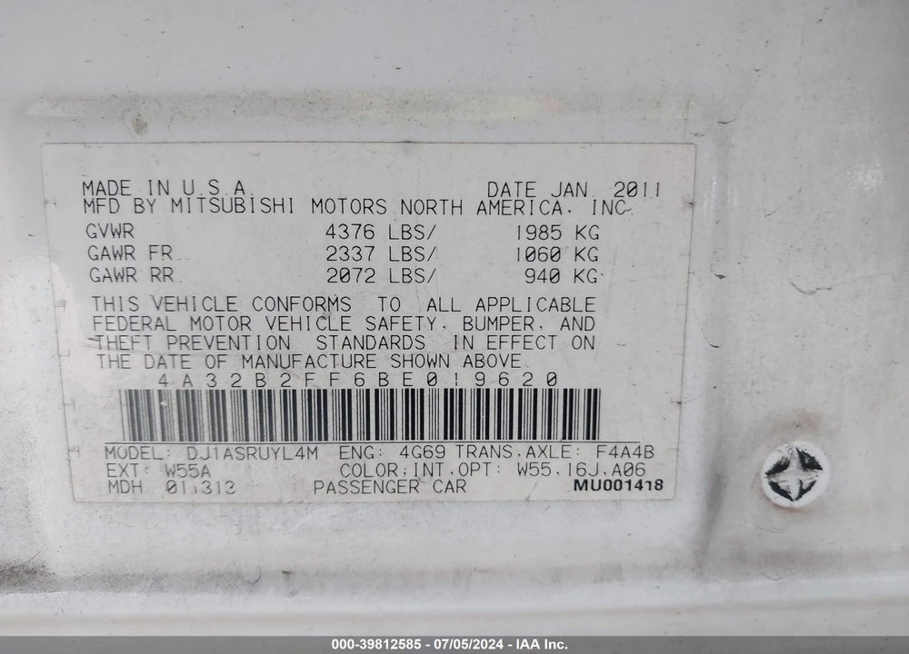 2011 MITSUBISHI GALANT ES VIN: 4A32B2FF6BE019620
