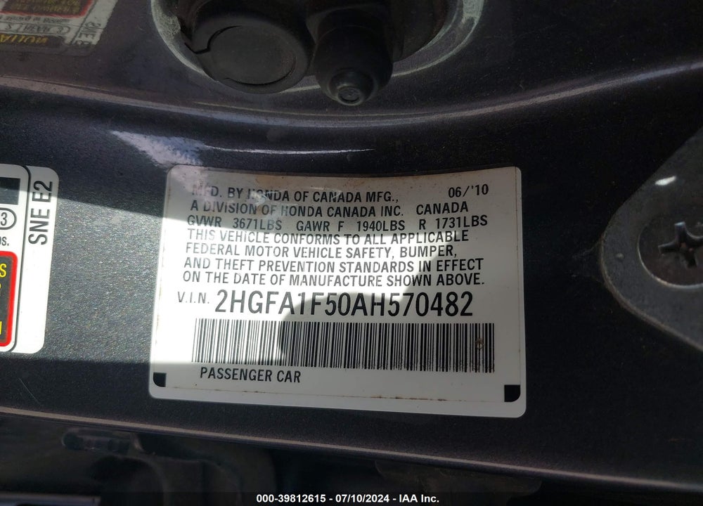 2010 HONDA CIVIC LX VIN: 2HGFA1F50AH570482