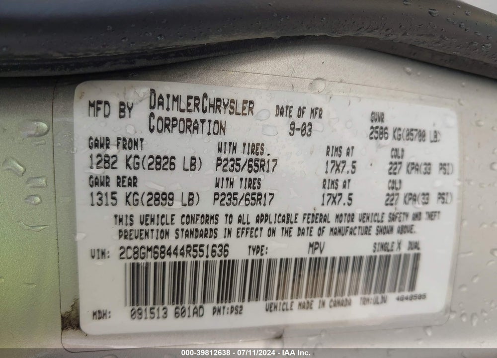 2004 CHRYSLER PACIFICA VIN: 2C8GM68444R551636