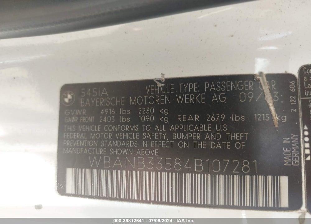 2004 BMW 545I VIN: WBANB33584B107281