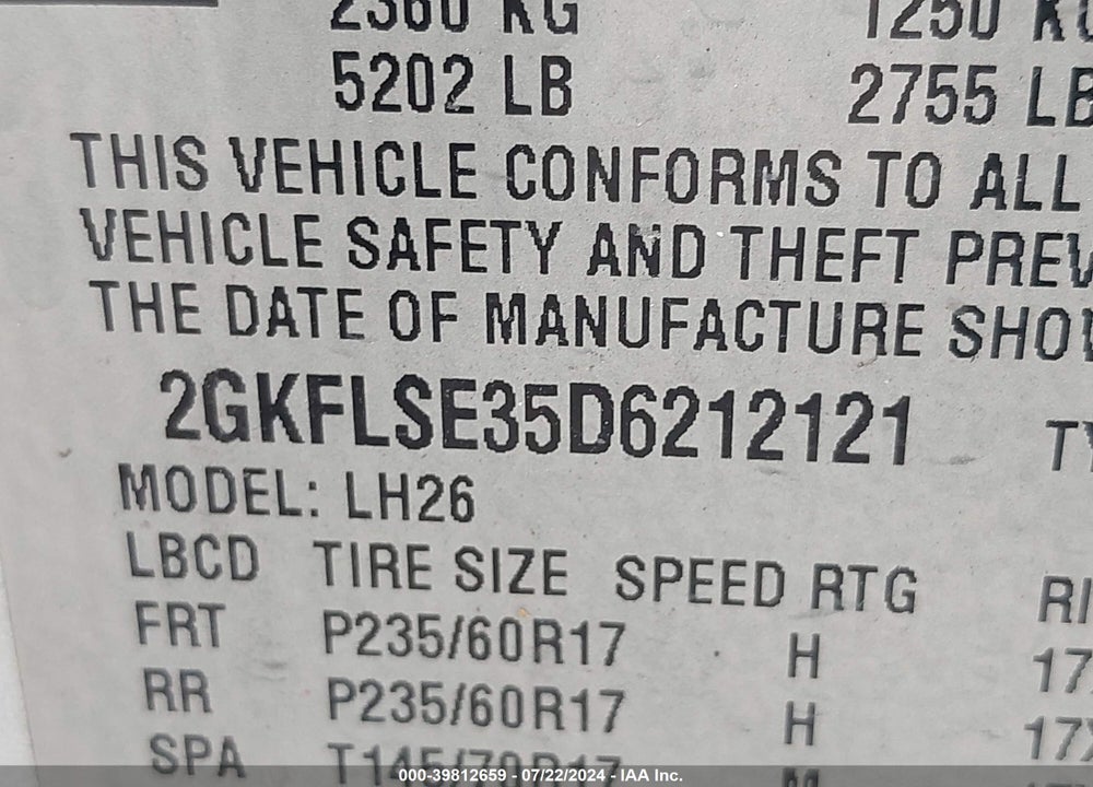 2013 GMC TERRAIN SLE-2 VIN: 2GKFLSE35D6212121