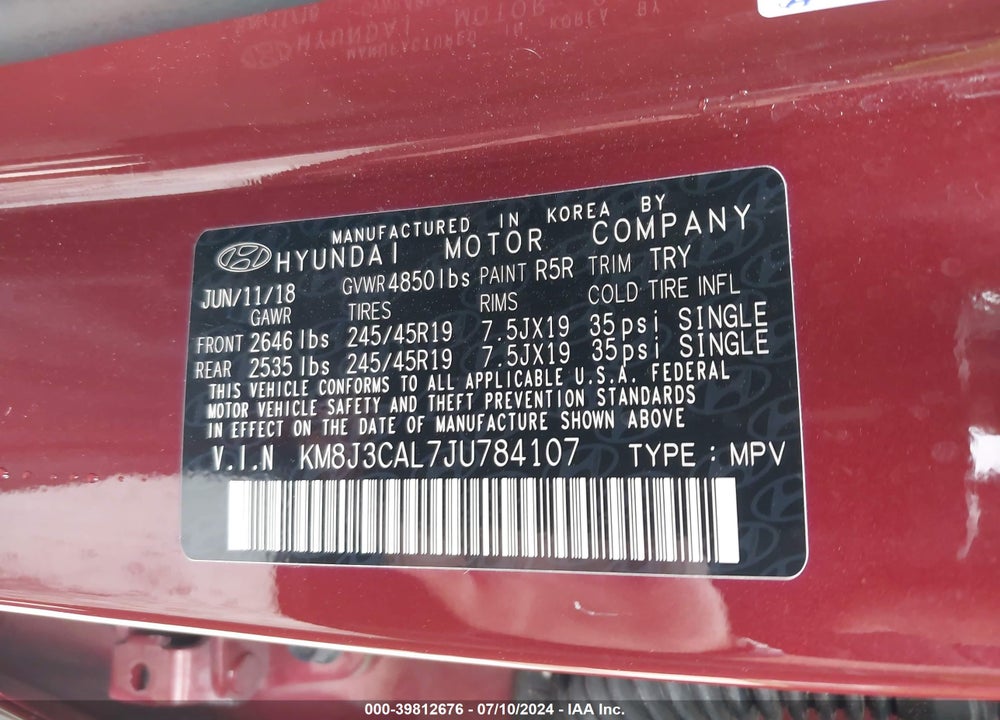 2018 HYUNDAI TUCSON SPORT VIN: KM8J3CAL7JU784107