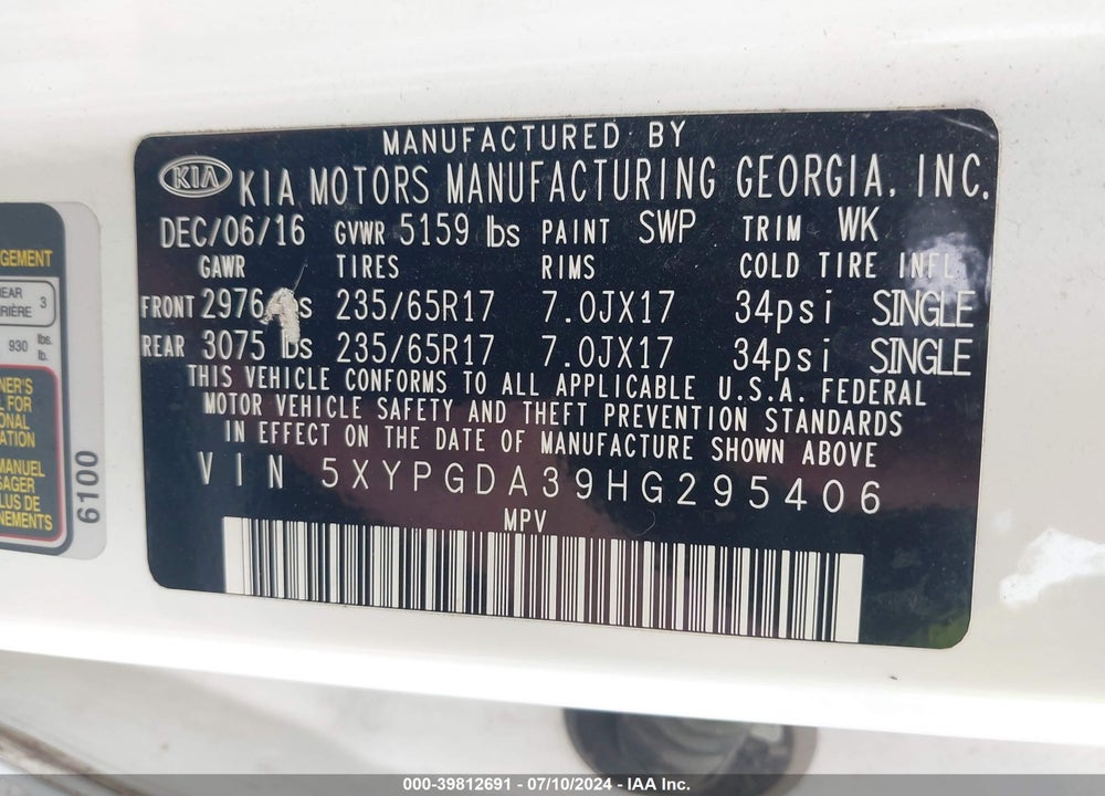 2017 KIA SORENTO 2.4L LX VIN: 5XYPGDA39HG295406
