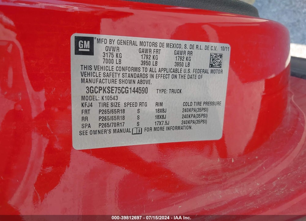 2012 CHEVROLET SILVERADO 1500 LT VIN: 3GCPKSE75CG144590