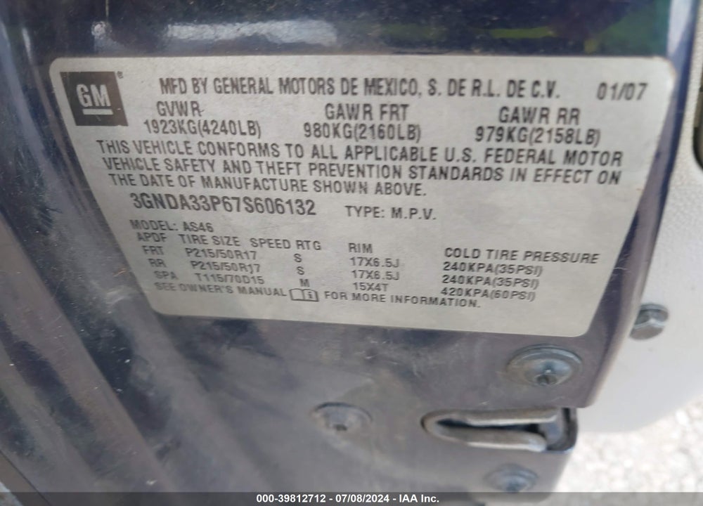 2007 CHEVROLET HHR LT VIN: 3GNDA33P67S606132