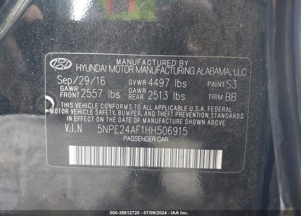 2017 HYUNDAI SONATA SE VIN: 5NPE24AF1HH506915