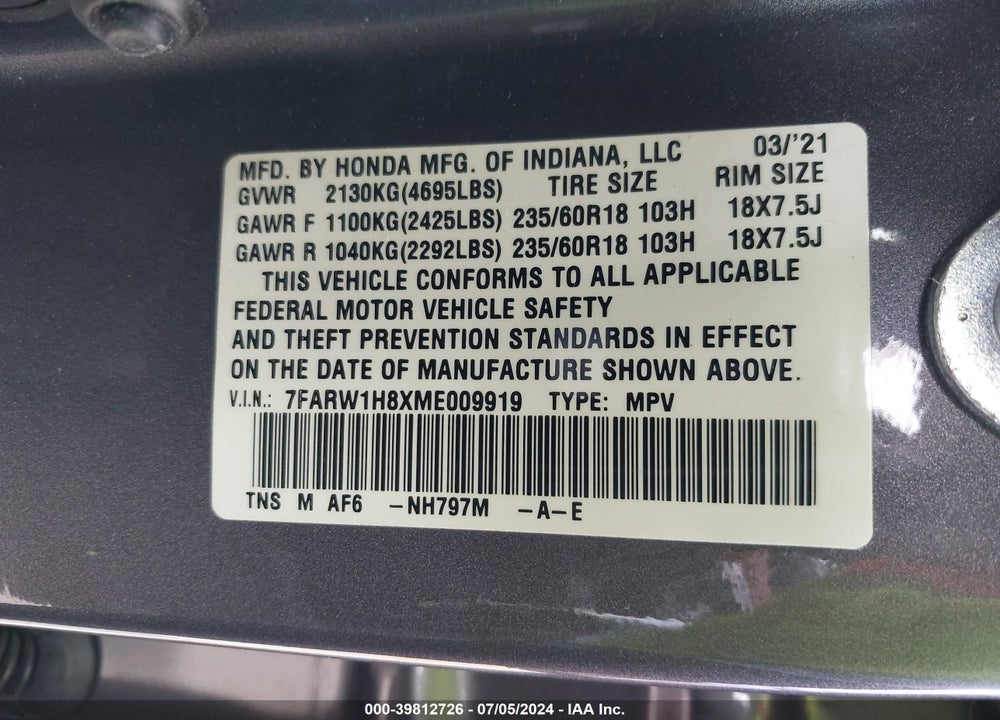 2021 HONDA CR-V 2WD EX-L VIN: 7FARW1H8XME009919