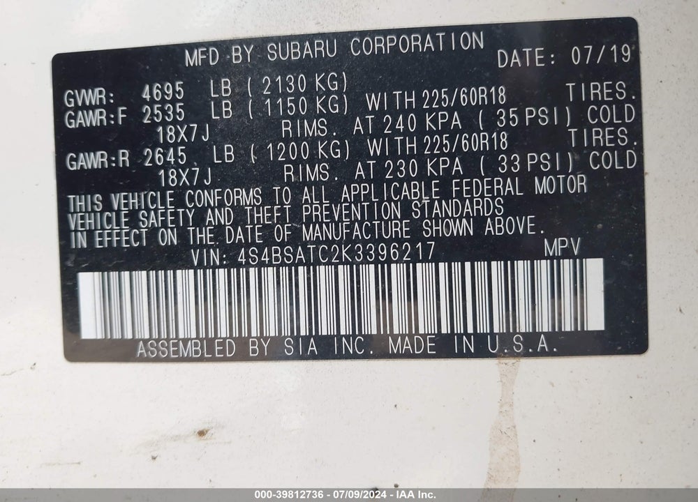 2019 SUBARU OUTBACK 2.5I TOURING VIN: 4S4BSATC2K3396217