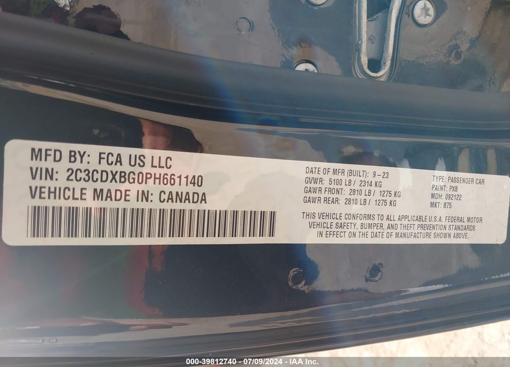 2023 DODGE CHARGER SXT VIN: 2C3CDXBG0PH661140