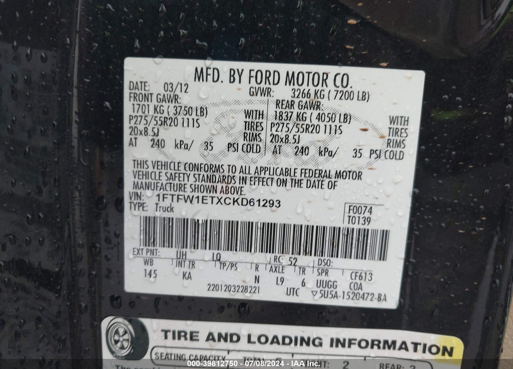 2012 FORD F-150 KING RANCH VIN: 1FTFW1ETXCKD61293