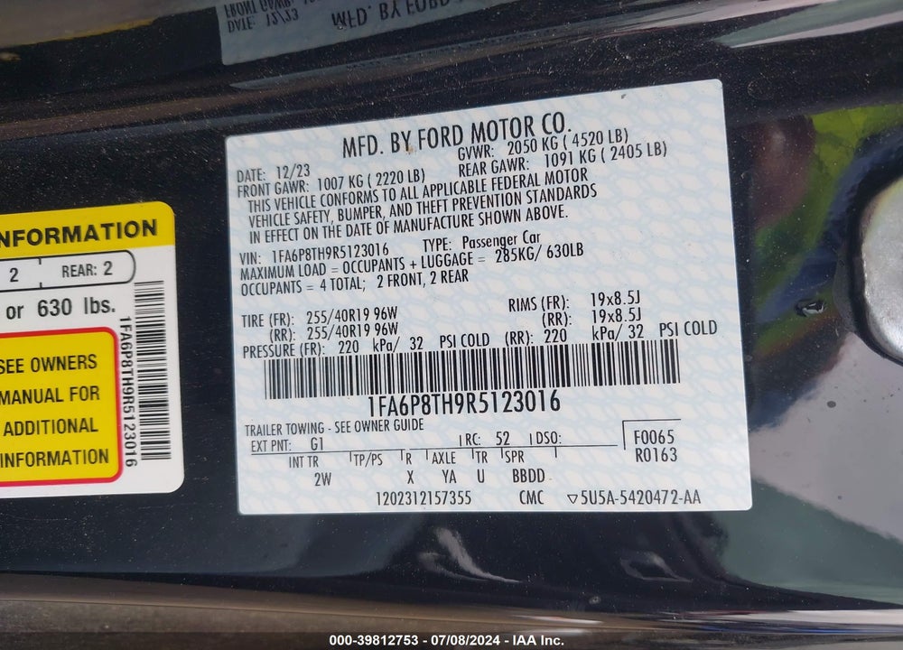 2024 FORD MUSTANG ECOBOOST FASTBACK VIN: 1FA6P8TH9R5123016