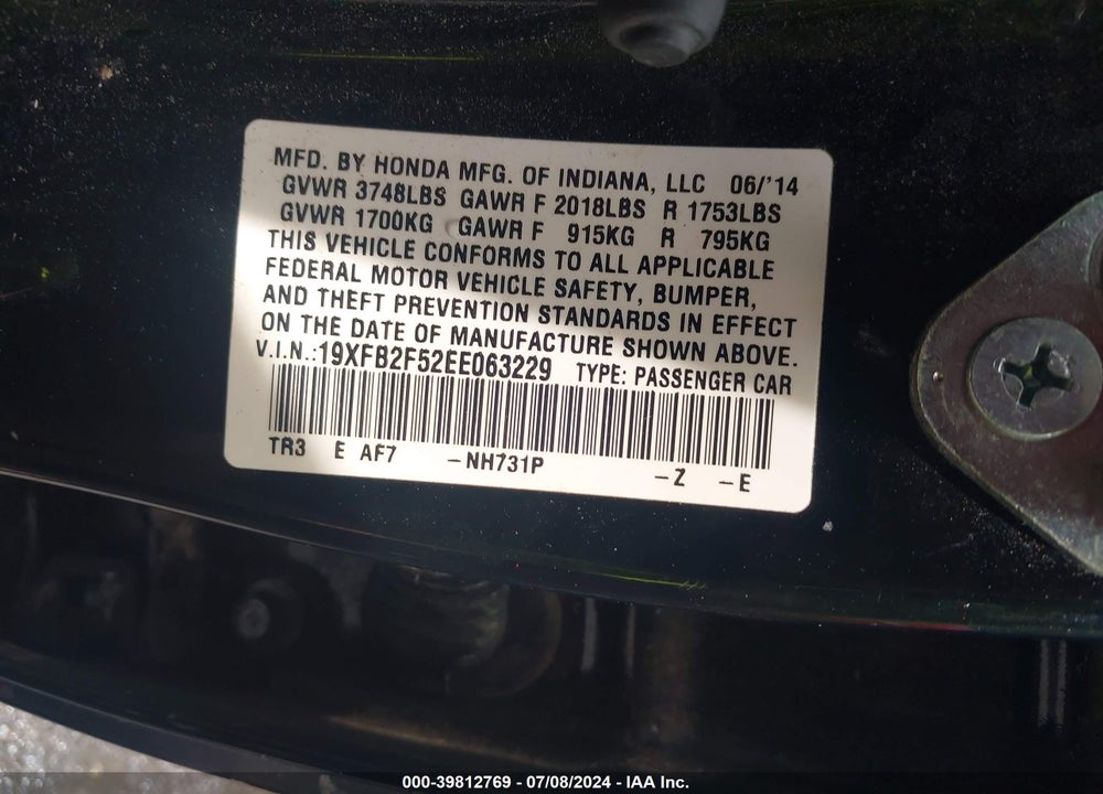 2014 HONDA CIVIC LX VIN: 19XFB2F52EE063229