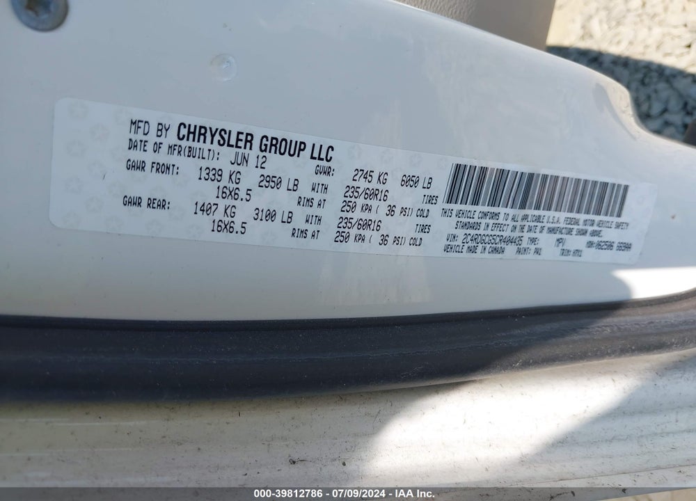 2012 DODGE GRAND CARAVAN SXT VIN: 2C4RDGCG5CR404435