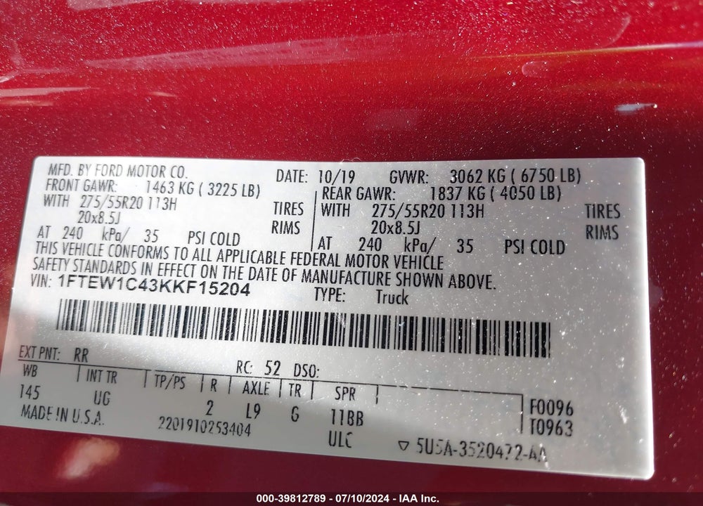 2019 FORD F-150 VIN: 1FTEW1C43KKF15204