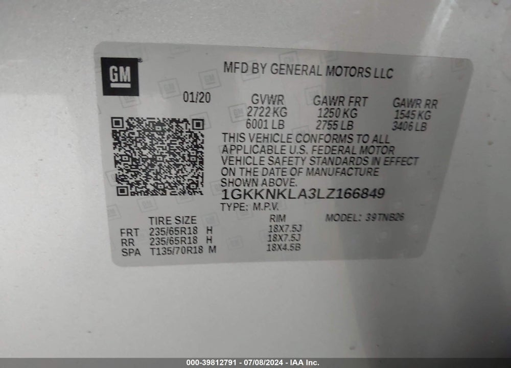 2020 GMC ACADIA FWD SLE VIN: 1GKKNKLA3LZ166849