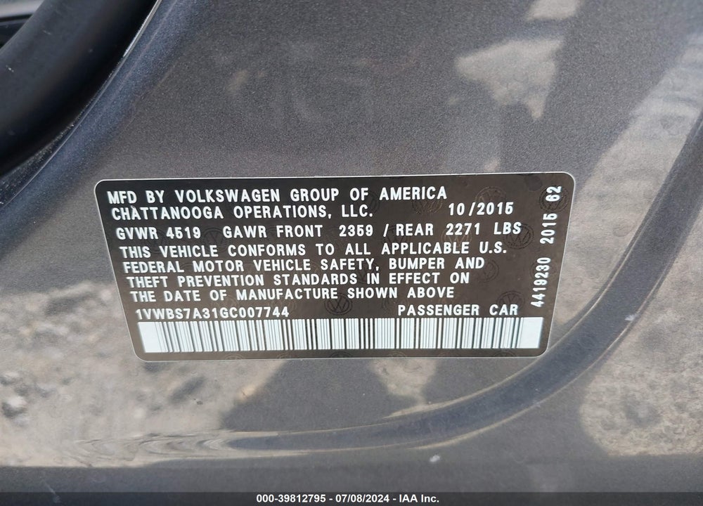 2016 VOLKSWAGEN PASSAT 1.8T SE VIN: 1VWBS7A31GC007744