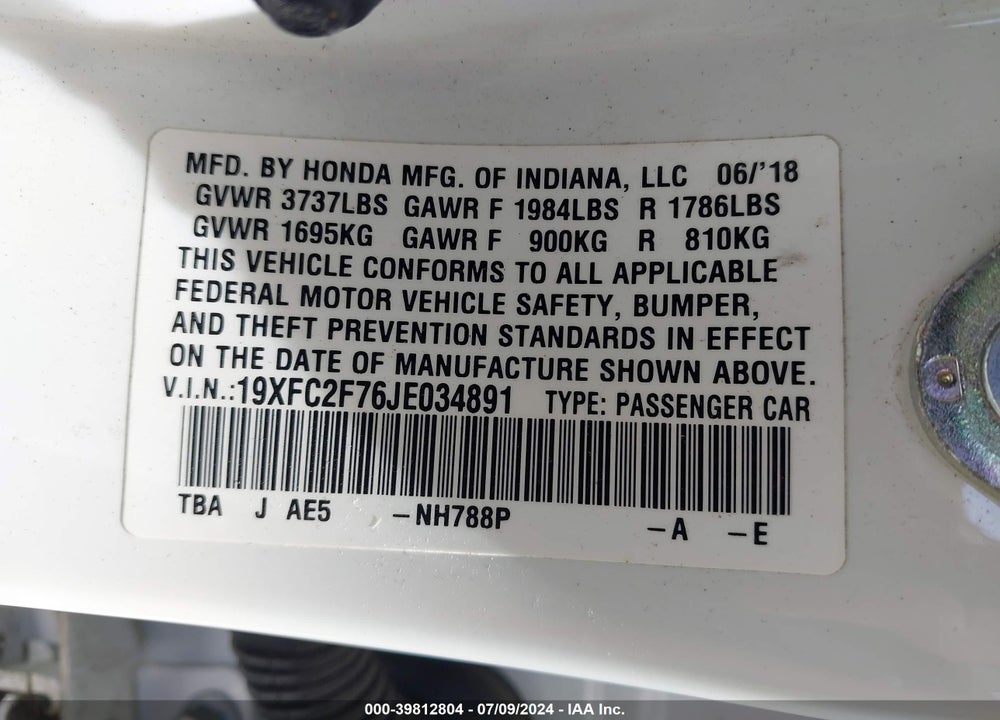 2018 HONDA CIVIC EX VIN: 19XFC2F76JE034891