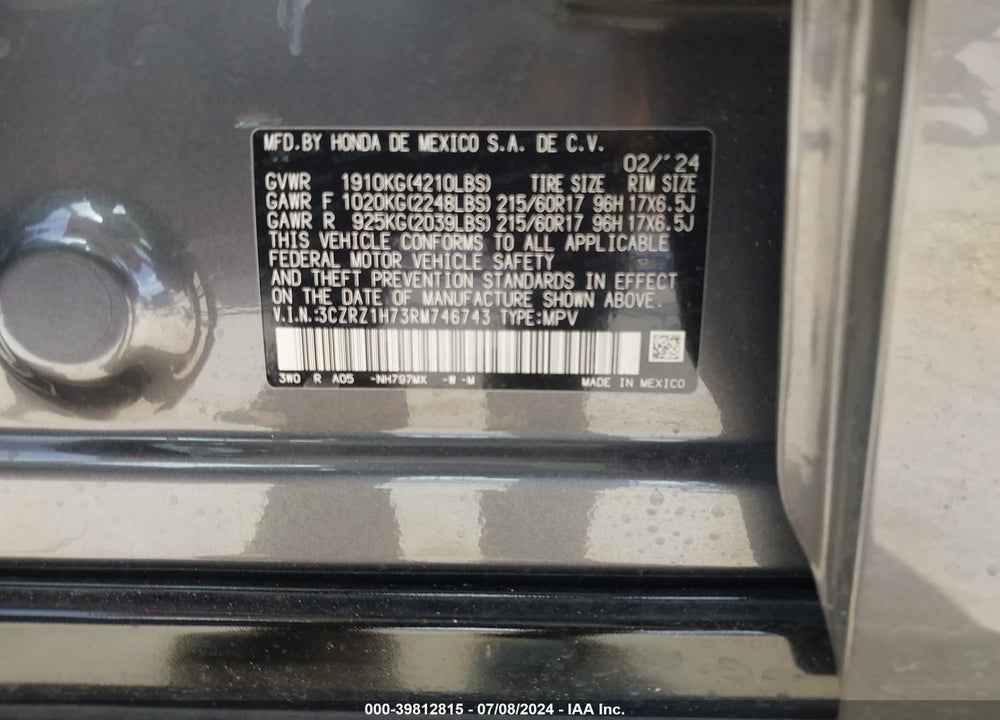 2024 HONDA HR-V 2WD EX-L/2WD EX-L W/O BSI VIN: 3CZRZ1H73RM746743