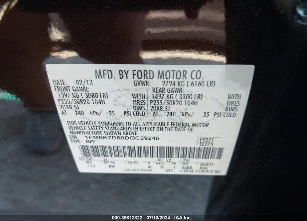 2013 FORD EXPLORER XLT VIN: 1FM5K7D80DGC29246