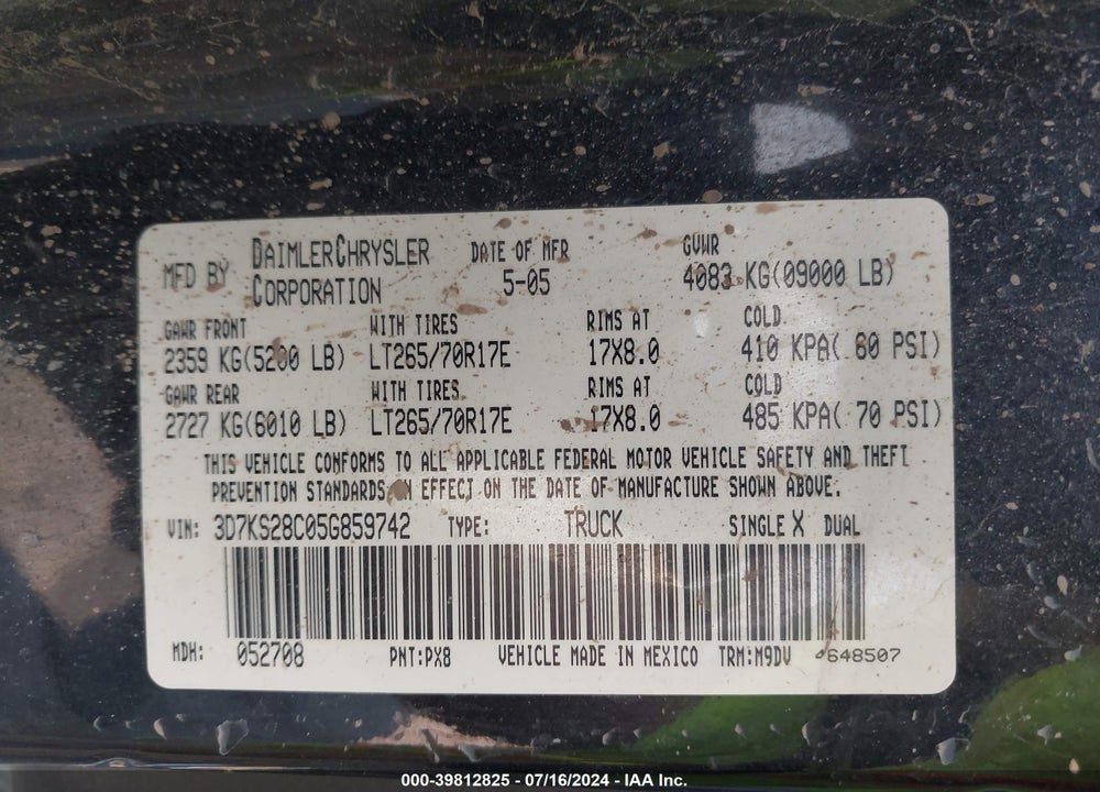 2005 DODGE RAM 2500 SLT/LARAMIE VIN: 3D7KS28C05G859742