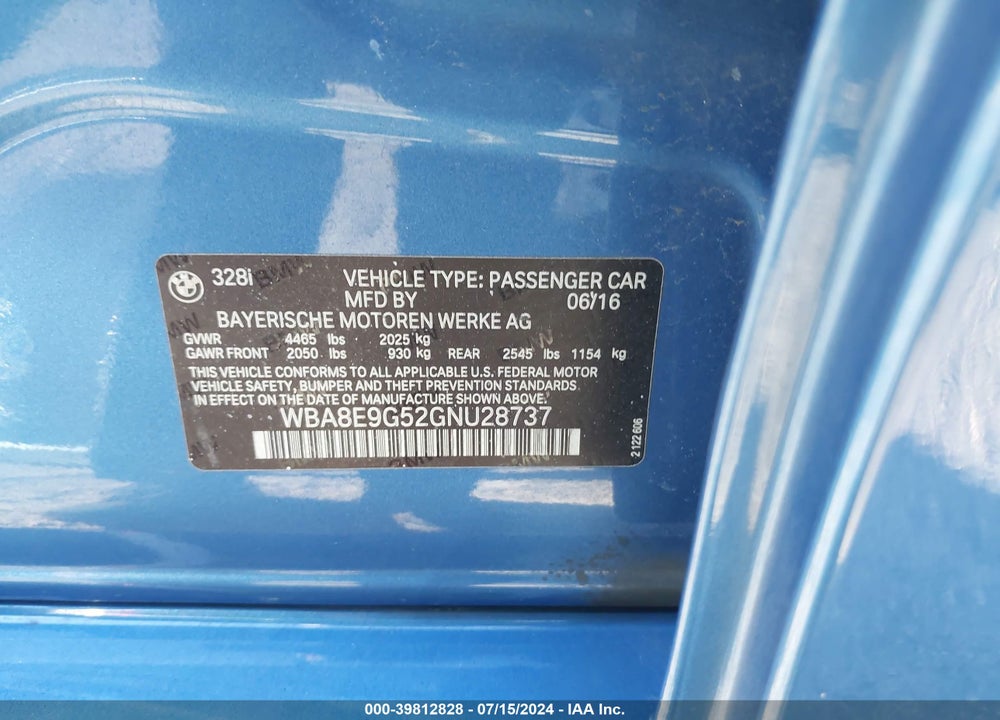 2016 BMW 328I VIN: WBA8E9G52GNU28737