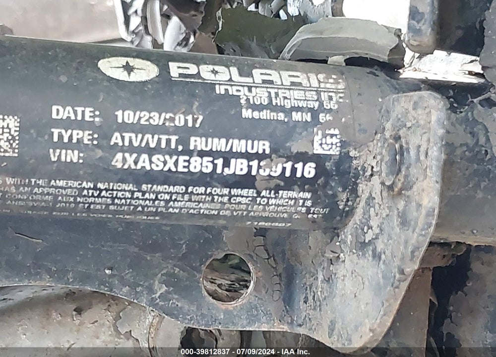 2018 POLARIS SPORTSMAN 850 SP VIN: 4XASXE851JB139116