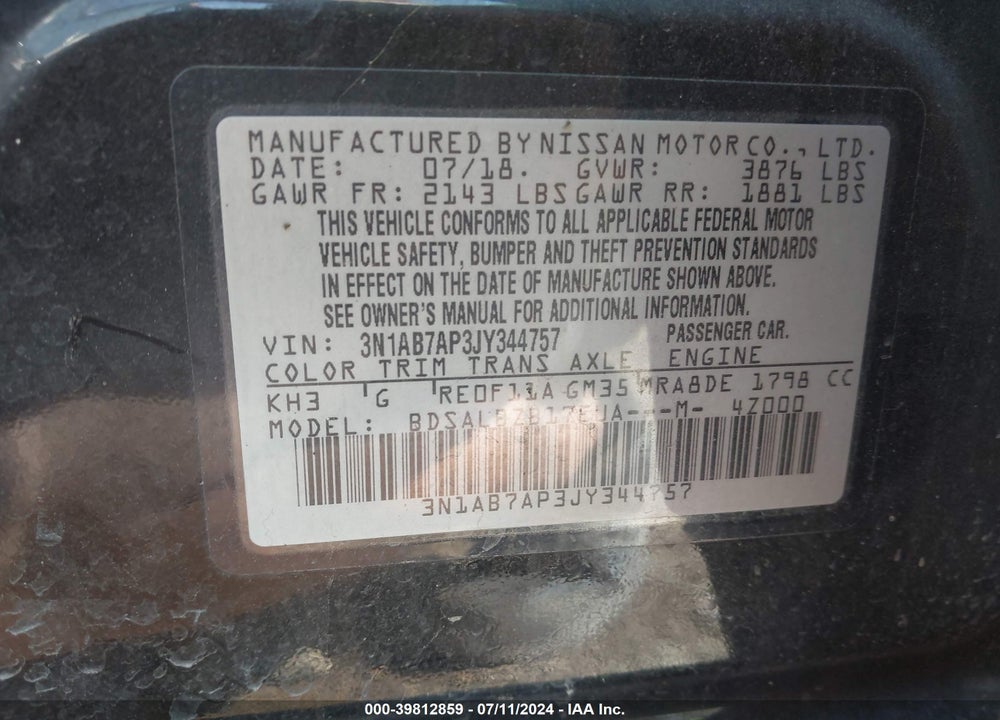 2018 NISSAN SENTRA S VIN: 3N1AB7AP3JY344757