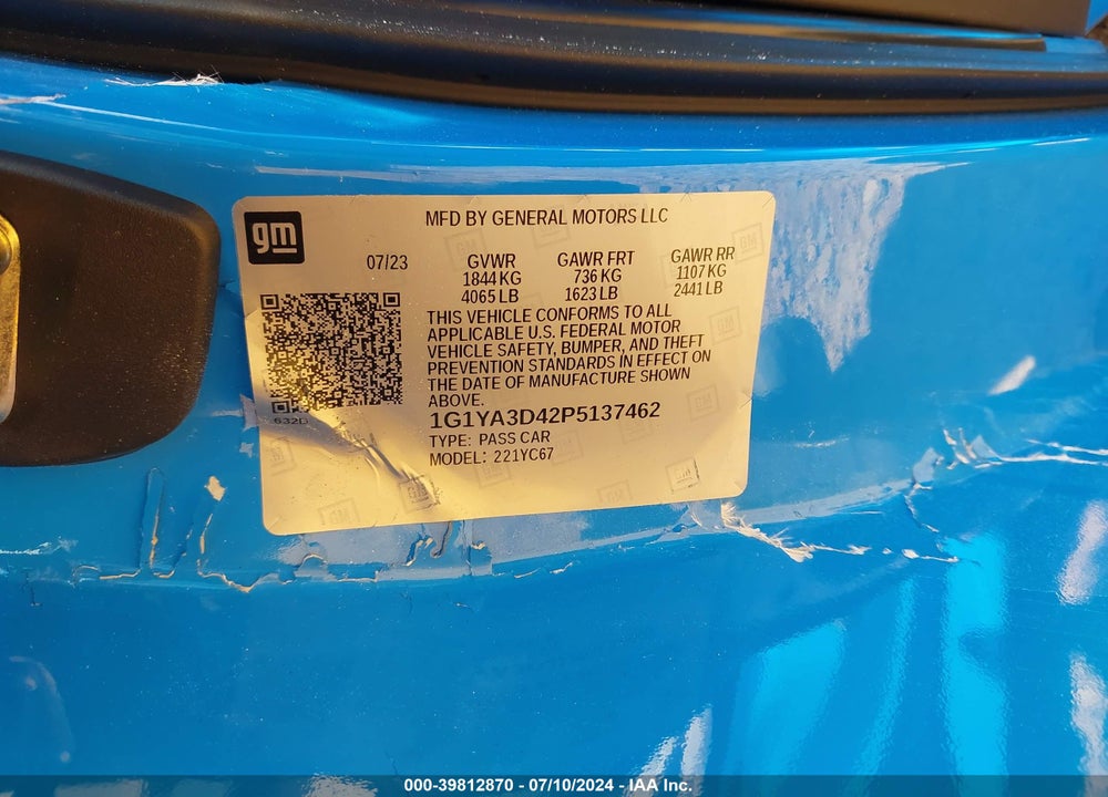 2023 CHEVROLET CORVETTE STINGRAY RWD 1LT VIN: 1G1YA3D42P5137462