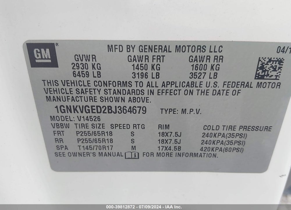 2011 CHEVROLET TRAVERSE 1LT VIN: 1GNKVGED2BJ364679