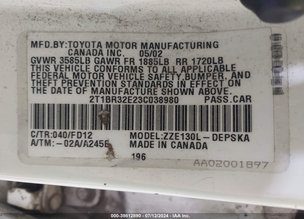 2003 TOYOTA COROLLA S VIN: 2T1BR32E23C038980
