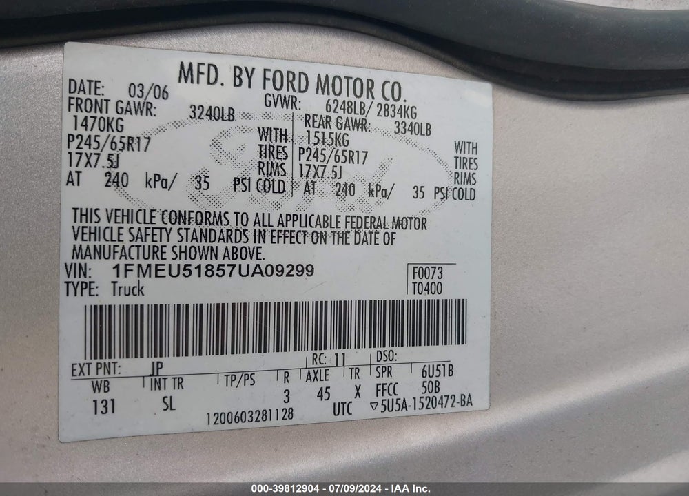 2007 FORD EXPLORER SPORT TRAC XLT VIN: 1FMEU51857UA09299