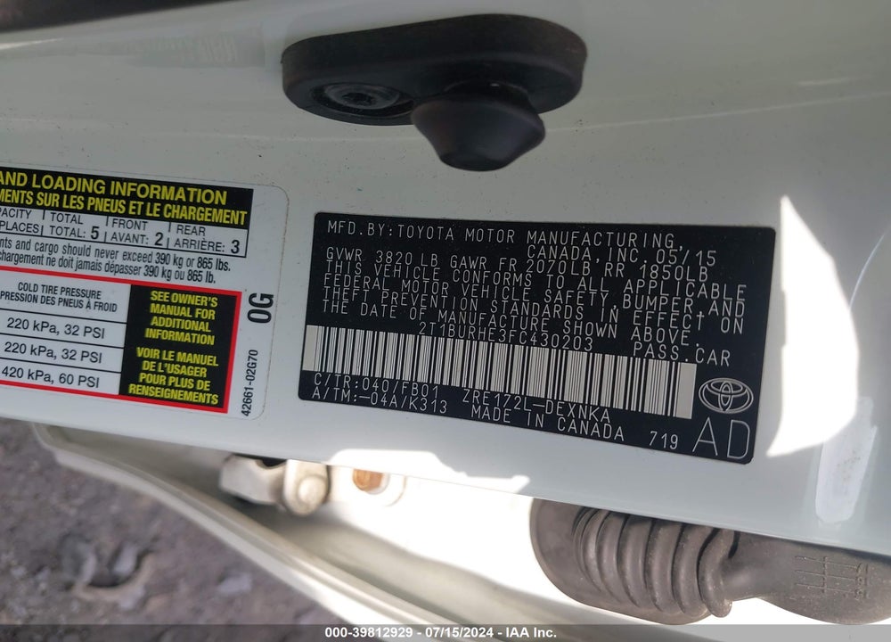 2015 TOYOTA COROLLA LE PLUS VIN: 2T1BURHE3FC430203