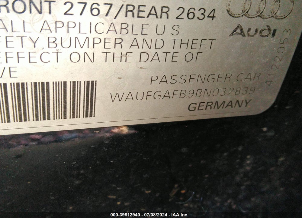 2011 AUDI A6 3.0 PREMIUM VIN: WAUFGAFB9BN032839