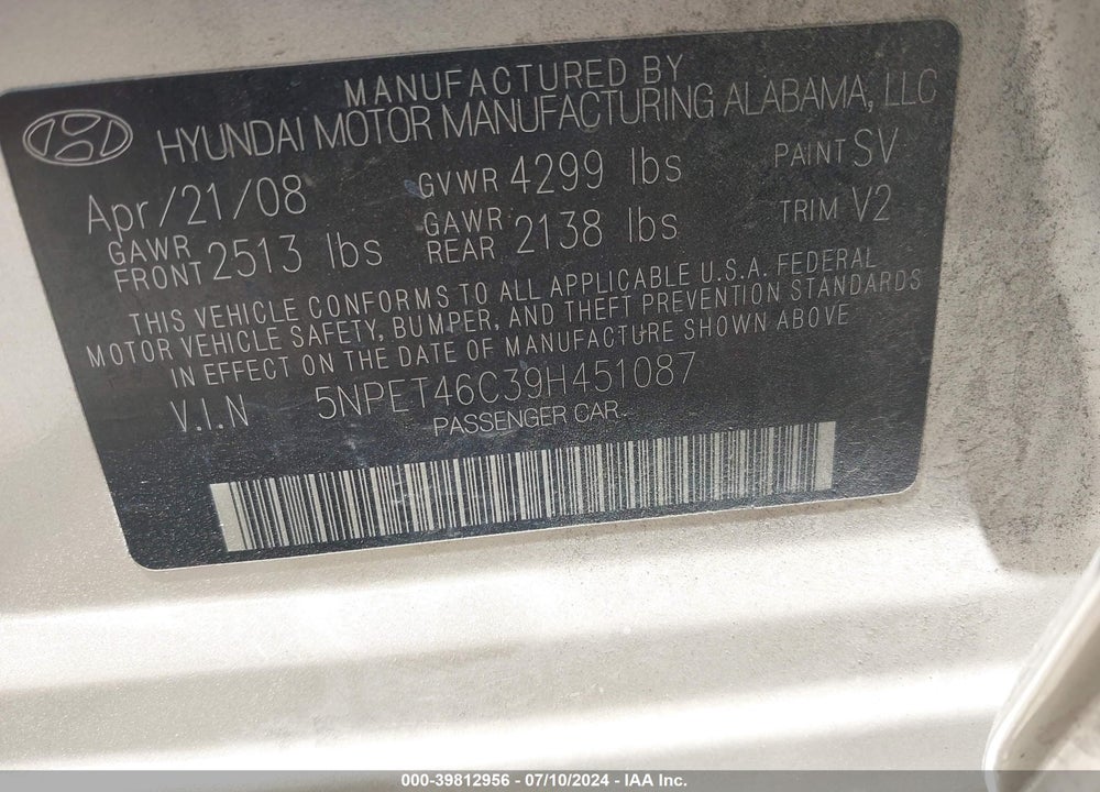 2009 HYUNDAI SONATA GLS VIN: 5NPET46C39H451087