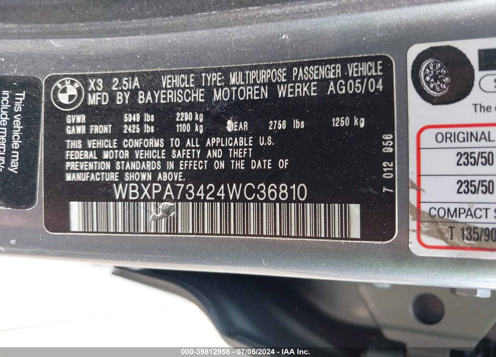2004 BMW X3 2.5I VIN: WBXPA73424WC36810